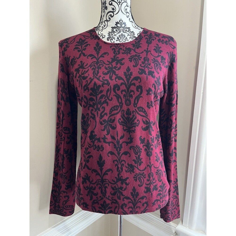 Talbots Small Silk Cashmere Burgundy & Black Damask Pullover Sweater Top Y2K